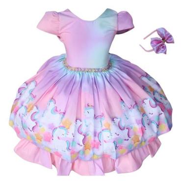 Imagem de Vestido Infantil Luxo Meninas Unicórnio Festa Fofo Com Tiara - Pingo d