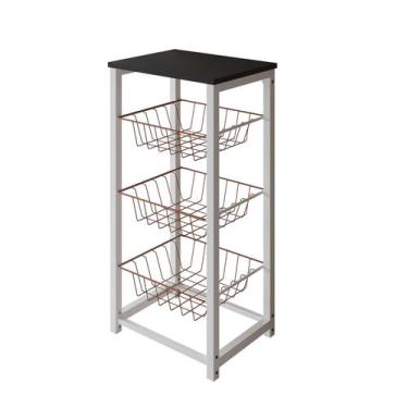 Imagem de Fruteira de Chão Cozinha Desmontada Aço Branco Cesto Cobre Tampo Preto