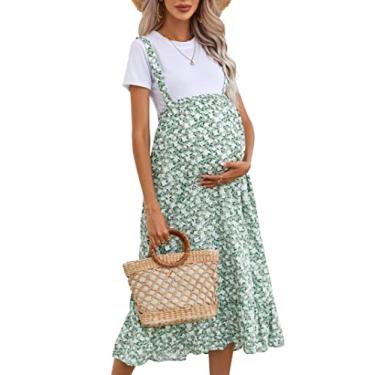 Imagem de KOJOOIN Saia midi de maternidade de cintura alta casual boho rodada com babados ajustáveis para sessão de fotos chá de bebê, Floral verde, XGG