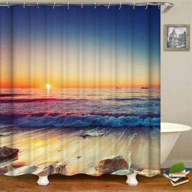 Imagem de Cortinas de chuveiro à prova d'água estampadas com conchas do mar e ondas do mar, cortina de banho, tela de banho de poliéster com 12 ganchos, tp693, 120 * 180 cm