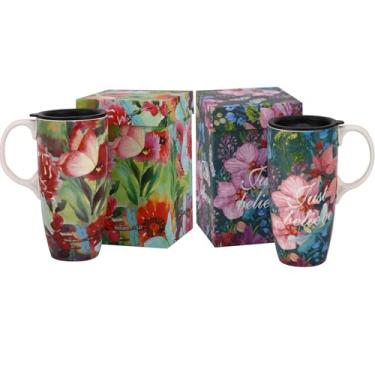 Imagem de Voltogar Conjunto de 2 canecas de cerâmica xícara de café de viagem com tampa e alça para casa e escritório, xícara de arte de chá alta de porcelana de 500 ml com caixa de cores, flores