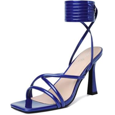 Imagem de Mostrin Sandálias femininas de salto com tiras para mulheres, salto com cadarço, bico aberto, salto alto, sandálias de amarrar para formatura, festa, uso diário, Azul royal, 38