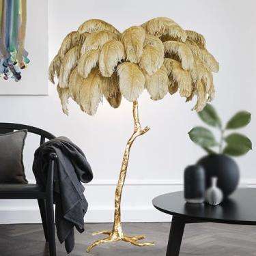 Imagem de Lâmpada de leitura de chão moderna com penas de avestruz, lâmpada alta regulável de 3 cores, luz dourada com interruptor de pé, lâmpada romântica para quarto de princesa