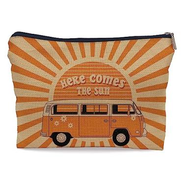Imagem de Ayxvt Here Comes the Sun Retrô Anos 70 Hippie Laranja Ônibus Raio do Sol Bolsa de Cosméticos Decorativa Feminina Bolsa de Maquiagem Bolsa com Zíper Bolsa de Higiene de Viagem, Presentes de Aniversário