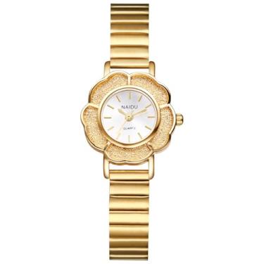 Imagem de Lancardo Relógio feminino com pulseira ajustável: relógio de pulso analógico de quartzo dourado em forma de flor, relógio casual de Natal, Mostrador branco