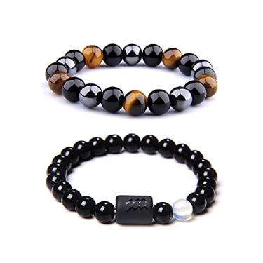 Imagem de CSIYANJRY99 Pulseiras do zodíaco para homens e mulheres, presentes do signo do zodíaco, 12 constelações, horóscopo de 8 mm, obsidiana natural, hematita, ônix, olho de tigre, pulseira elástica, 7.5