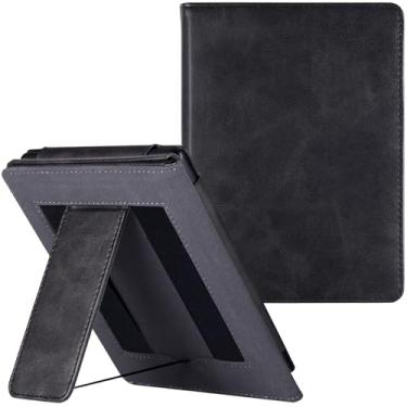 Imagem de BOZHUORUI Capa com suporte para eReader Kobo Clara 2e (versão 2022, modelo N506) - Capa de livro de couro PU premium com alça dupla para mão e hibernar/despertar automático (preto rocha)