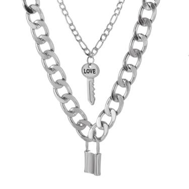 Imagem de ONLYJUMP Colares femininos empilhados com cadeado preto, corrente de coração, grunge, em camadas, grosso, elegante, minimalista, joia com pingente, Large, Zinco, Sem Pedra Preciosa