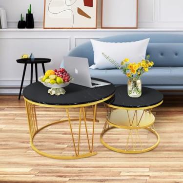 Imagem de Conjunto de mesas de centro redondas: conjunto de 2 mesas de centro de mármore preto dourado - Mesa lateral empilhável de metal moderna para sala de estar espaços pequenos