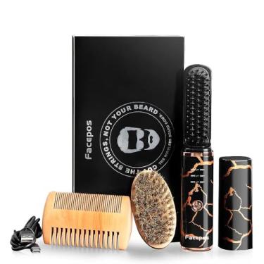 Imagem de Conjunto de alisador de barba elétrico sem fio, alisador de cabelo portátil sem fio para homens, design elegante com padrão de rachadura e escova de barba bônus e pente de madeira para cuidados