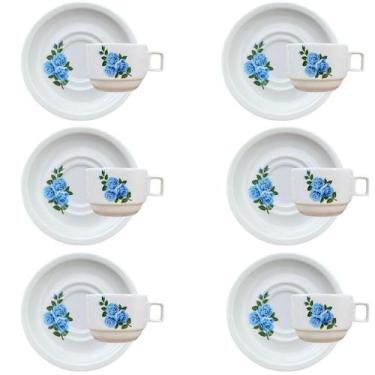 Imagem de Jogo 6 xícaras Café Chá c/ pires 200ml Empilháveis Flor Azul - Antilop