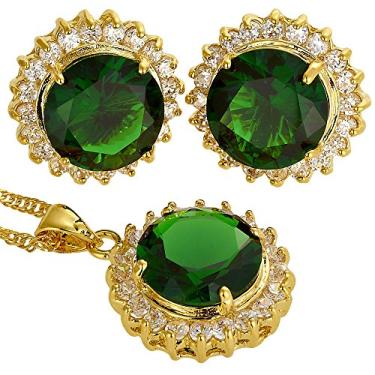 Imagem de [RIZILIA BLOSSOM] Conjunto de pingente de joias com corrente de 45,72 cm e brincos de corte redondo CZ [5 cores disponíveis] banhado a ouro amarelo, simples moderno elegante, Pedra preciosa Metal, Esmeralda sintética
