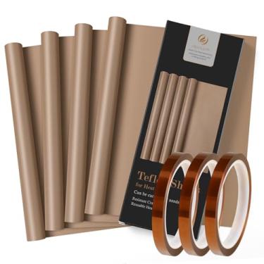 Imagem de Oranllow Pacote com 4 folhas de teflon PTFE para prensa térmica, 16 x 12 folha de transferência antiaderente prensa térmica com 3 rolos conjunto de fita de transferência para sublimação resistente ao