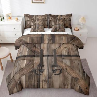 Imagem de Erosebridal Conjunto de cama casal com porta de celeiro de madeira, 7 peças, para crianças, meninos, tábua de prancha, marrom, rústico, conjunto de cama com listras de madeira em uma bolsa, fazenda