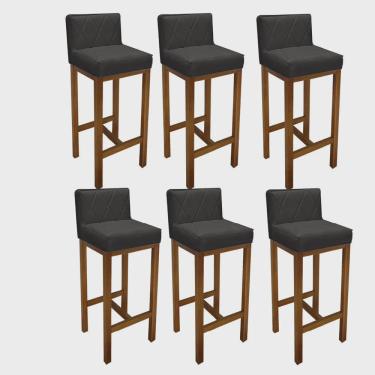 Imagem de Kit 06 Banqueta Alta Com Encosto Loren Cozinha Balcão Bistrô Base Madeira Castanho Suede Cinza - Ahz Móveis