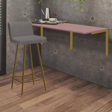 Imagem de Kit Mesa Suspensa de Parede Fixa mdf Rosa + 1 Banqueta Lexi Ferro Dourado Suede Cinza - Ahazzo Móveis