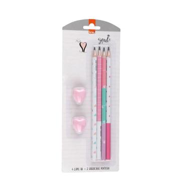 Imagem de Kit Escolar S2 6un 4 Lápis HB e 2 Borrachas Coração Rosa