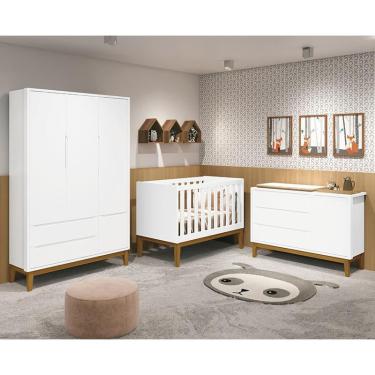 Imagem de Dormitório Infantil Classic 3 Portas, Cômoda 1 Porta e Berço com Pés Amadeirado - Reller Móveis Branco Fosco