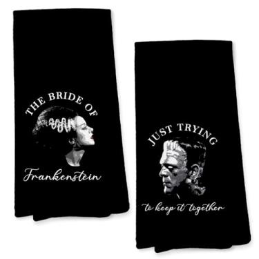Imagem de Giosve Toalhas de cozinha vintage Frankenstein and Bride Gothic Casal, Dark Academia Horror Monster Movie Toalhas de mão decorativas para banheiro, toalhas de chá assustadoras para casa, bar, cozinha
