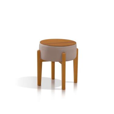 Imagem de Puff Multifuncional 2 em 1, Banqueta e Mesa Lateral com Tampo de Madeira, Estofado Bege, Pés em Madeira