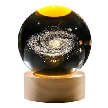 Imagem de Luminária Cristal de Mesa Sistema Solar Saturno Lua Galáxia LED Base Madeira Enfeite Decorativo Casa(Galaxia)