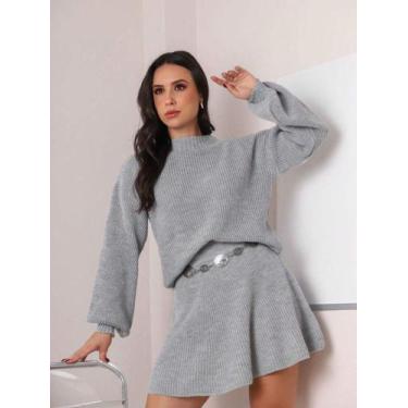 Imagem de Conjunto Feminino Saia Godê Curta Blusa Manga Bufante Tricot - Calu Tr