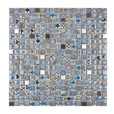 Imagem de Pastilha Mesclada De Mármore, Vidro E Metal 30cm X 30cm Machu Picchu Glass Mosaic (placas) Azul