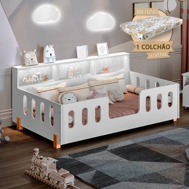 Imagem de Cama Infantil Montessoriana Com Colchão Juvenil Led E Nicho NinaBranca Branco