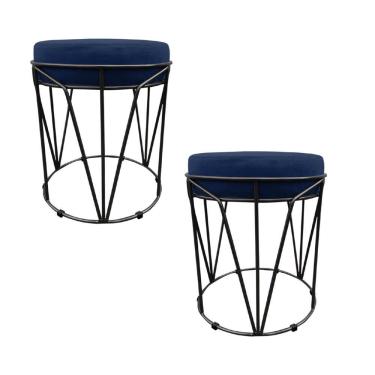 Imagem de Kit 02 Puffs Multiuso Com Mesa 2 Em 1 Suede Azul Marinho Base Preto