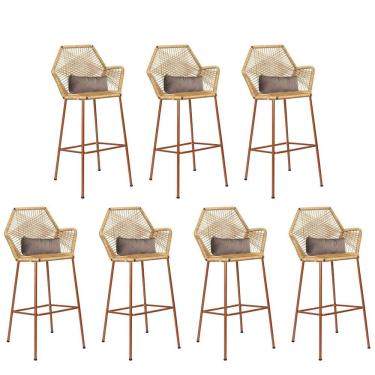 Imagem de Kit 07 Banqueta Alta Sttar Ferro Bronze Fibra Palha Almofada Sintético Bege - Amey Decor