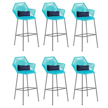Imagem de Kit 06 Banqueta Alta Sttar Ferro Prata Fibra Azul Turquesa Almofada Azul Marinho - Amey Decor