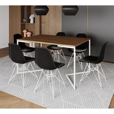 Imagem de Mesa Industrial Jantar Retangular 137X90Cm Amêndoa Base V Com 6 Cadeiras Pretas Ferro B Amendoa
