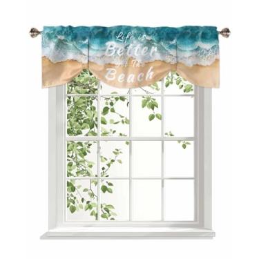 Imagem de Summer Beach Ocean Wave Tie Up Valance Cortina para cozinha - pequena persiana sanefa ajustável com bolso para varão tratamento de janelas para quarto, banheiro, aquarela, tema náutico, litoral, 1