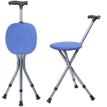 Imagem de ENLUNTRA Bengala Dobrável Ajustável E Portátil Com Assento Almofada (Azul), Para Idosos Alça De Massagem Magnética, Luz Led Leve, Suporta Até 145 Kg