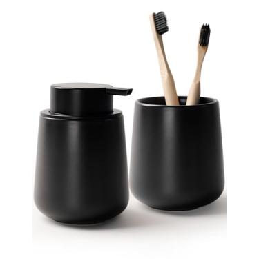 Imagem de BosilunLife Conjunto De Porta-Sabonete E Escova Dentes - Acessórios Banheiro Cerâmica, Dispensador Espuma Preta Para As Mãos, Balcão