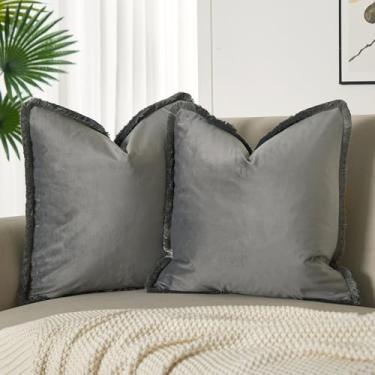Imagem de JUSPURBET Capas de almofada decorativas cinza com franjas de veludo 66 x 66 conjunto de 2 capas de almofada macias Boho para decoração de casa, sala de estar, sofá-cama