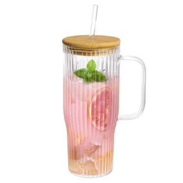 Imagem de Dingerjar Copo de vidro canelado de 947 ml com alça de bambu e canudo, copo de vidro borossilicato, xícaras de café gelado bebidas quentes/frias