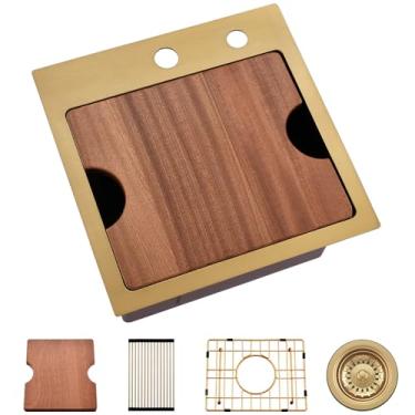 Imagem de Barra de ouro de 38 cm para pia em VASOYO 38 x 38 cm pequena pia de cozinha para estação de trabalho preparação de barra mini pias para trailers aço inoxidável calibre 16 escovado ouro escovado tigela