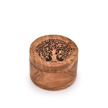 Imagem de BHAVATU Urna decorativa, urnas gravadas em madeira de acácia, design de flor preta, caixa de urnas funerárias (8,9 cm x 9 cm x 6,3 cm)