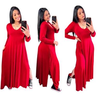 Imagem de Vestido longo gola v com fenda lateral  manga longa - Neide modas, Ver