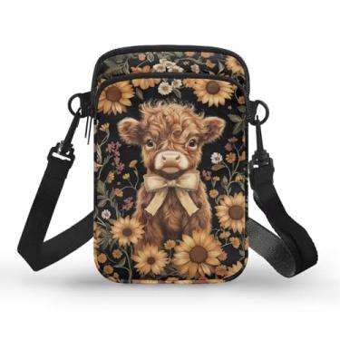 Imagem de Xpyiqun Bolsa transversal para celular feminina de lona pequena tiracolo bolsa transversal, Highland Cow Sunflower C, One Size