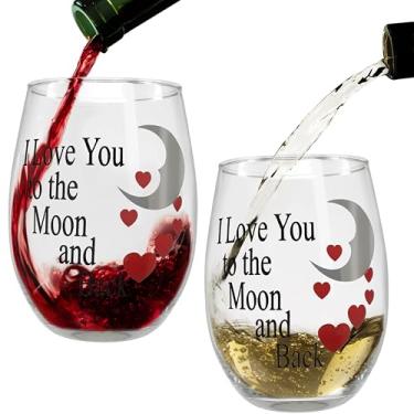 Imagem de BANBERRY DESIGNS I Love You to the Moon and Back - Taças de vinho com coração sem haste - Conjunto de 2 - Lua e corações vermelhos - Amor aniversário casamento Natal Dia dos Namorados - 590 ml