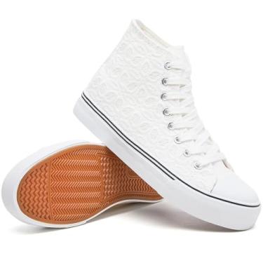Imagem de Rominz Tênis feminino de lona de cano alto, moderno, bordado floral, branco e preto, casual, antiderrapante, leve, respirável, Branco, 39
