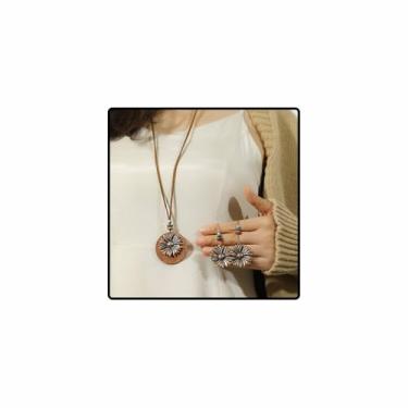 Imagem de Colar e brincos de girassol para mulheres, conjunto de madeira redondo marrom vintage estilo africano feito à mão joia boêmia presente, Large, Liga de aço, Sem Pedra Preciosa