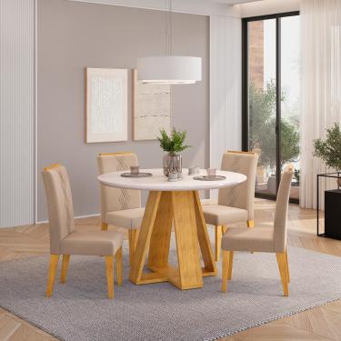 Imagem de Conjunto Sala de Jantar 4 Cadeiras Tampo Redondo DJ Móveis Kiara Cedro Yasmin Veludo Kraft