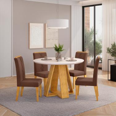 Imagem de Conjunto Sala de Jantar 4 Cadeiras Tampo Redondo DJ Móveis Kiara Cedro Yasmin Veludo Moca