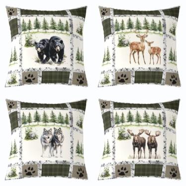 Imagem de Feelyou Capas de almofada vintage urso 45,72 cm x 45,72 cm conjunto de 4 capas macias para crianças, meninos, meninas, cabana, veado, caça, fronhas, fazenda, lobo, alce, animal selvagem, verde, capa
