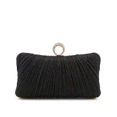 Imagem de Bolsa clutch feminina dourada com glitter plissada para festa de casamento com anel de strass (preto), Preto