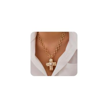 Imagem de GIGB PBDK Colar de cruz grossa de ouro para mulheres, colares vintage em camadas com pingente de crucifixo, acessórios de joias religiosas para o dia a dia, Large, Metal, Sem Pedra Preciosa