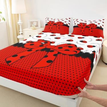 Imagem de Jogo de cama solteiro solteiro com laço de desenho animado, joaninha, besouro, inseto, decoração de quarto de meninas, meninos, gravata borboleta geométrica de bolinhas, vermelho, preto e chique, 1